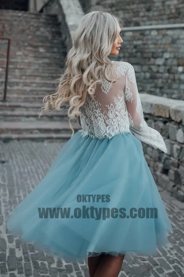 New Arrival Boho Style Long Sleeve See Through Lace Top Blue Tulle Homecoming Dresses, TYP0513