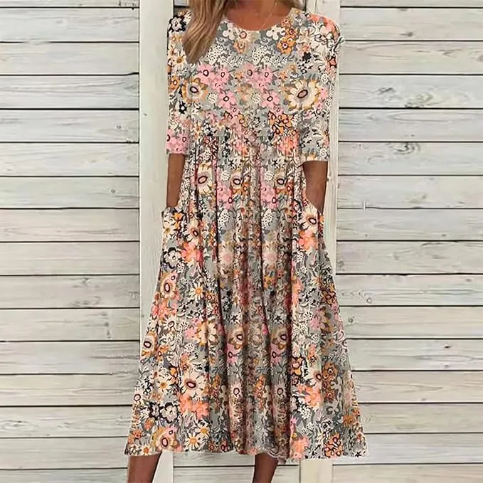 NEW Bovuf Women Casual Floral Dresses Half Sleeve Round Neck Pockets Midi Dress Sz L