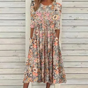 NEW Bovuf Women Casual Floral Dresses Half Sleeve Round Neck Pockets Midi Dress Sz L