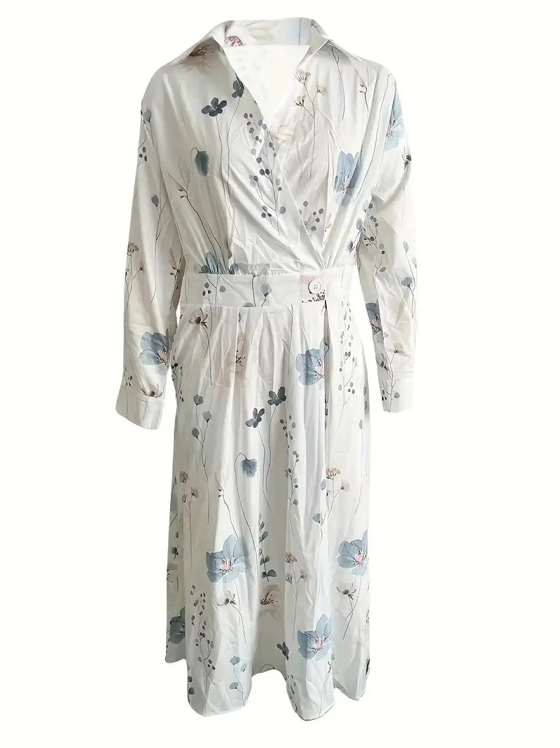 NEW Floral Print V Neck Dress, Casual Long Sleeve Maxi Dress, Women's Clothing, Sz L