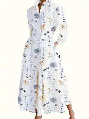 NEW Floral Print V Neck Dress, Casual Long Sleeve Maxi Dress, Women's Clothing, Sz L