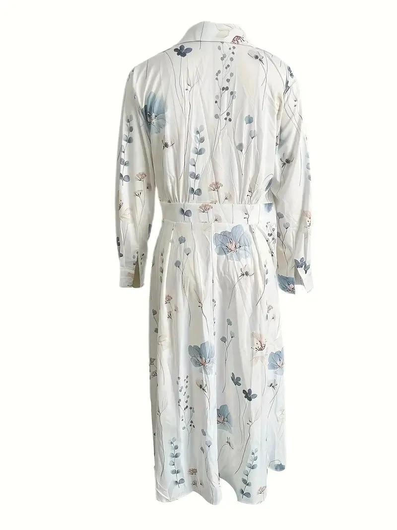 NEW Floral Print V Neck Dress, Casual Long Sleeve Maxi Dress, Women's Clothing, Sz L