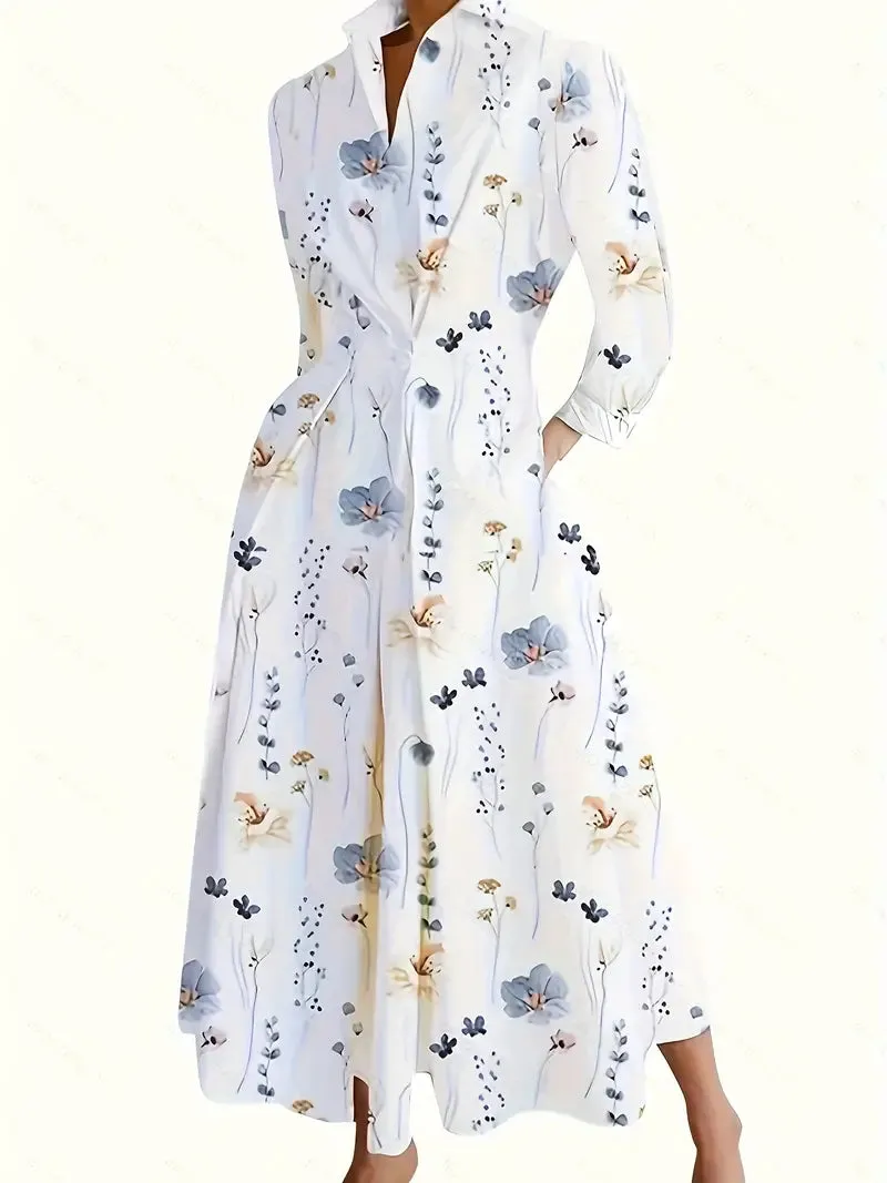 NEW Floral Print V Neck Dress, Casual Long Sleeve Maxi Dress, Women's Clothing, Sz L
