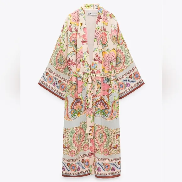 NWT ZARA Light Pastel Floral Printed Long Belted Kimono Robe