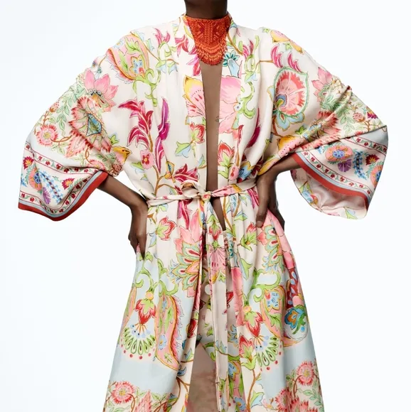 NWT ZARA Light Pastel Floral Printed Long Belted Kimono Robe