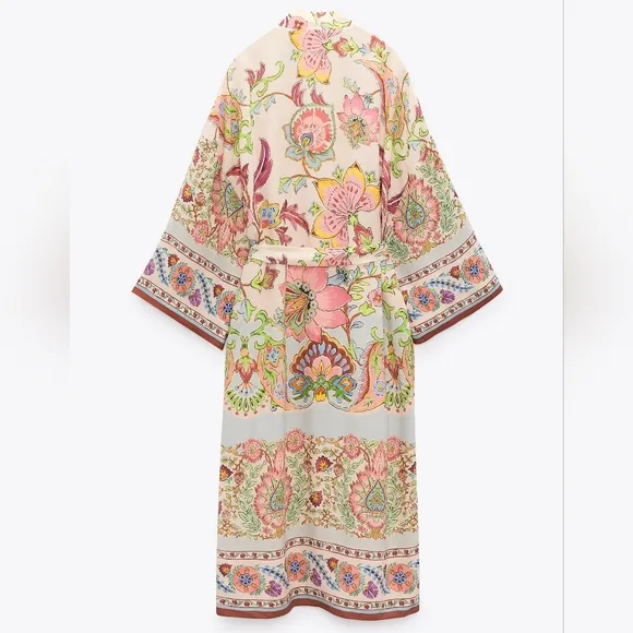 NWT ZARA Light Pastel Floral Printed Long Belted Kimono Robe