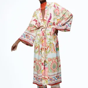 NWT ZARA Light Pastel Floral Printed Long Belted Kimono Robe