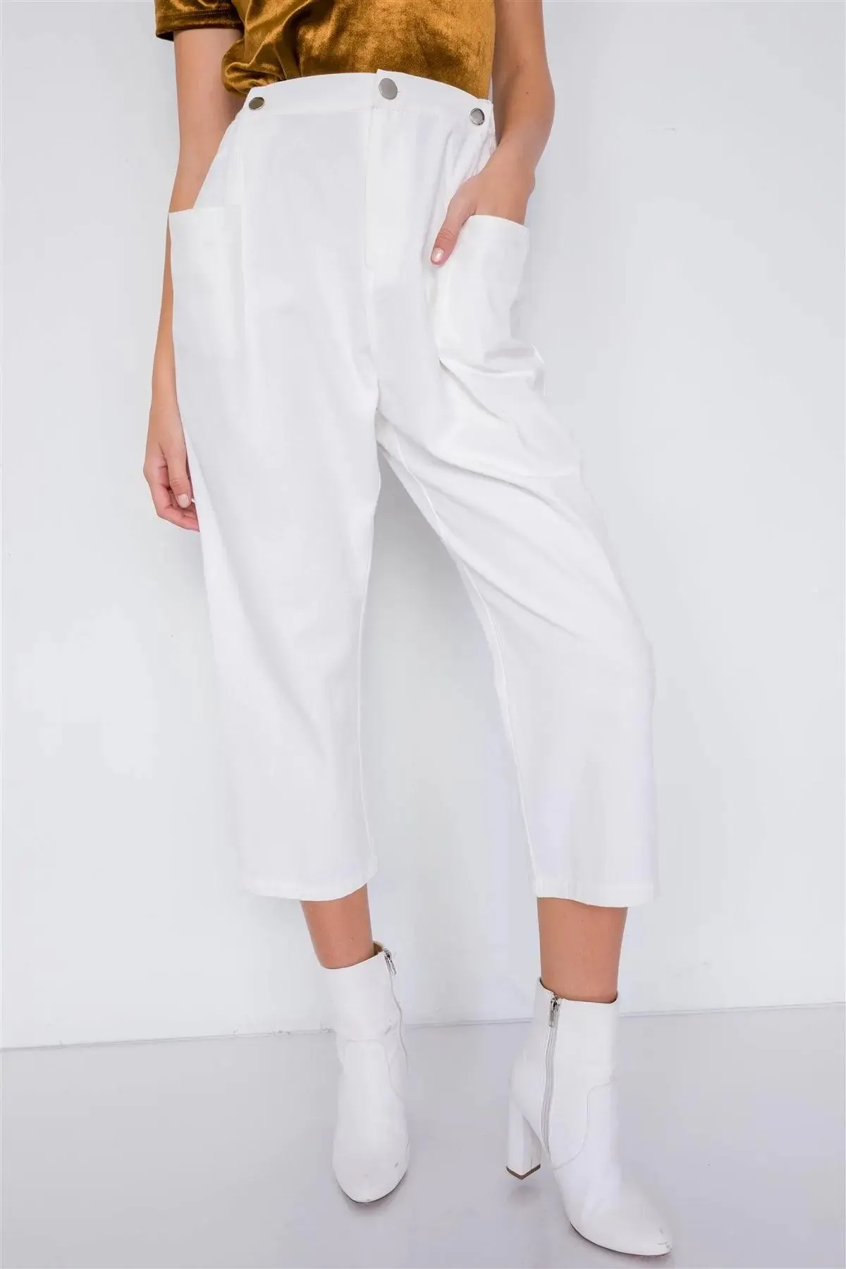 Off-White Chic Solid Ankle Wide Leg Adjustable Snap Waist Pants /3-2-1