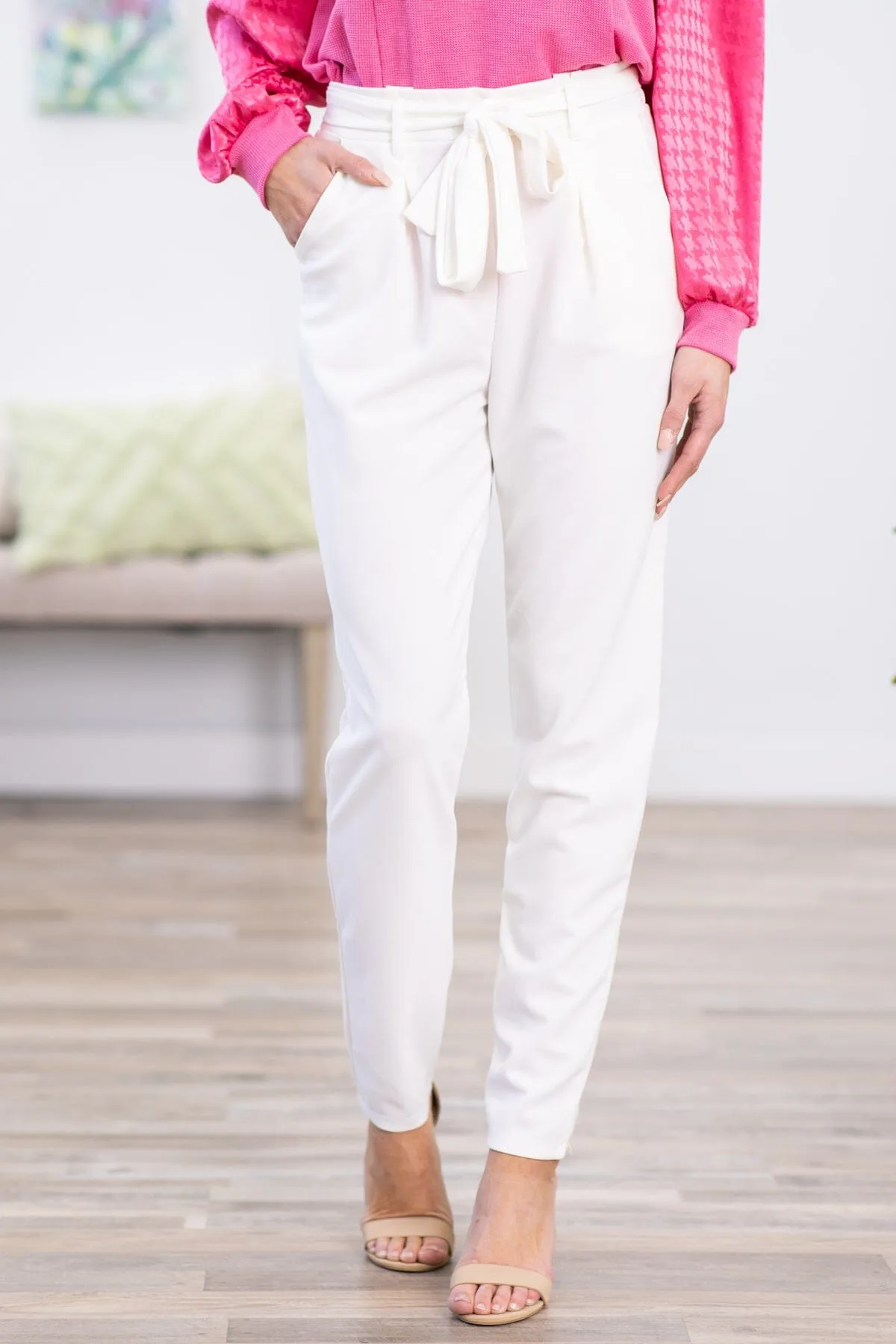 Off White Tie Waist Pleat Dress Pants