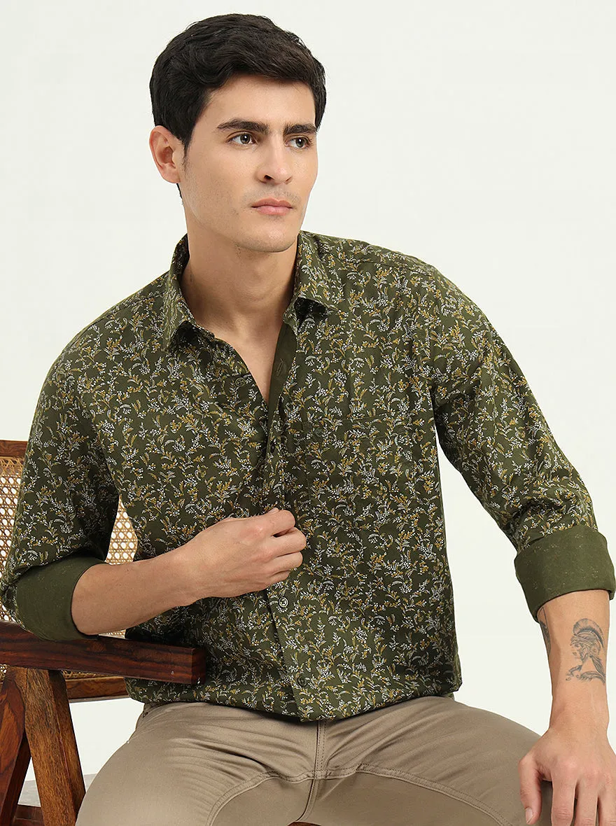 Olive Green Printed Slim Fit Semi Casual Shirt | Greenfibre