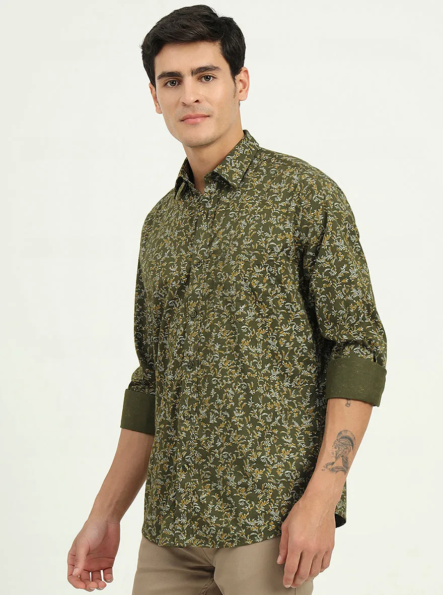 Olive Green Printed Slim Fit Semi Casual Shirt | Greenfibre