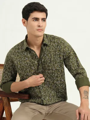 Olive Green Printed Slim Fit Semi Casual Shirt | Greenfibre