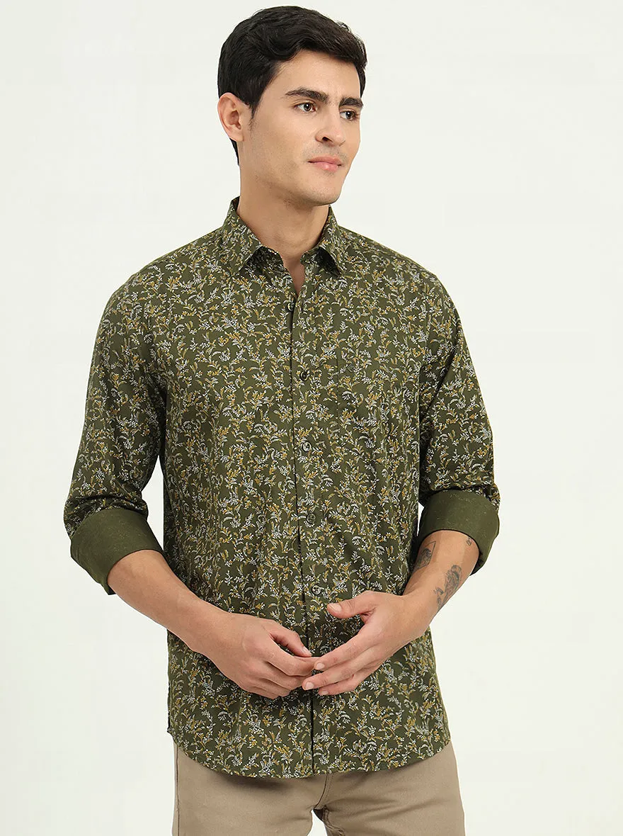 Olive Green Printed Slim Fit Semi Casual Shirt | Greenfibre