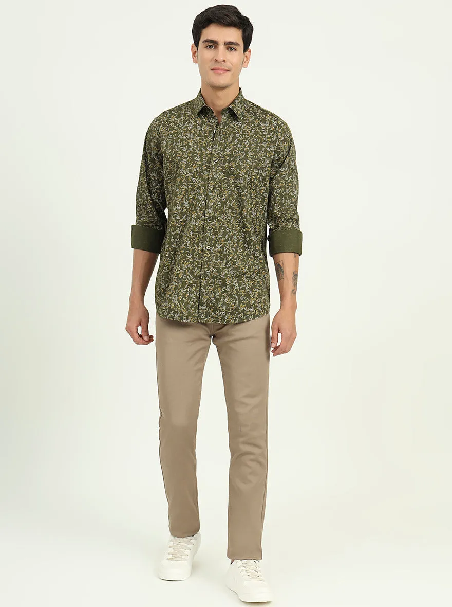 Olive Green Printed Slim Fit Semi Casual Shirt | Greenfibre