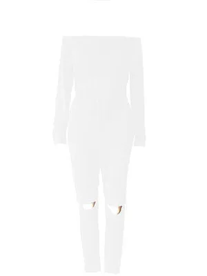 One Line Collar Oblique Shoulder Jumpsuit-Ripped Leggings