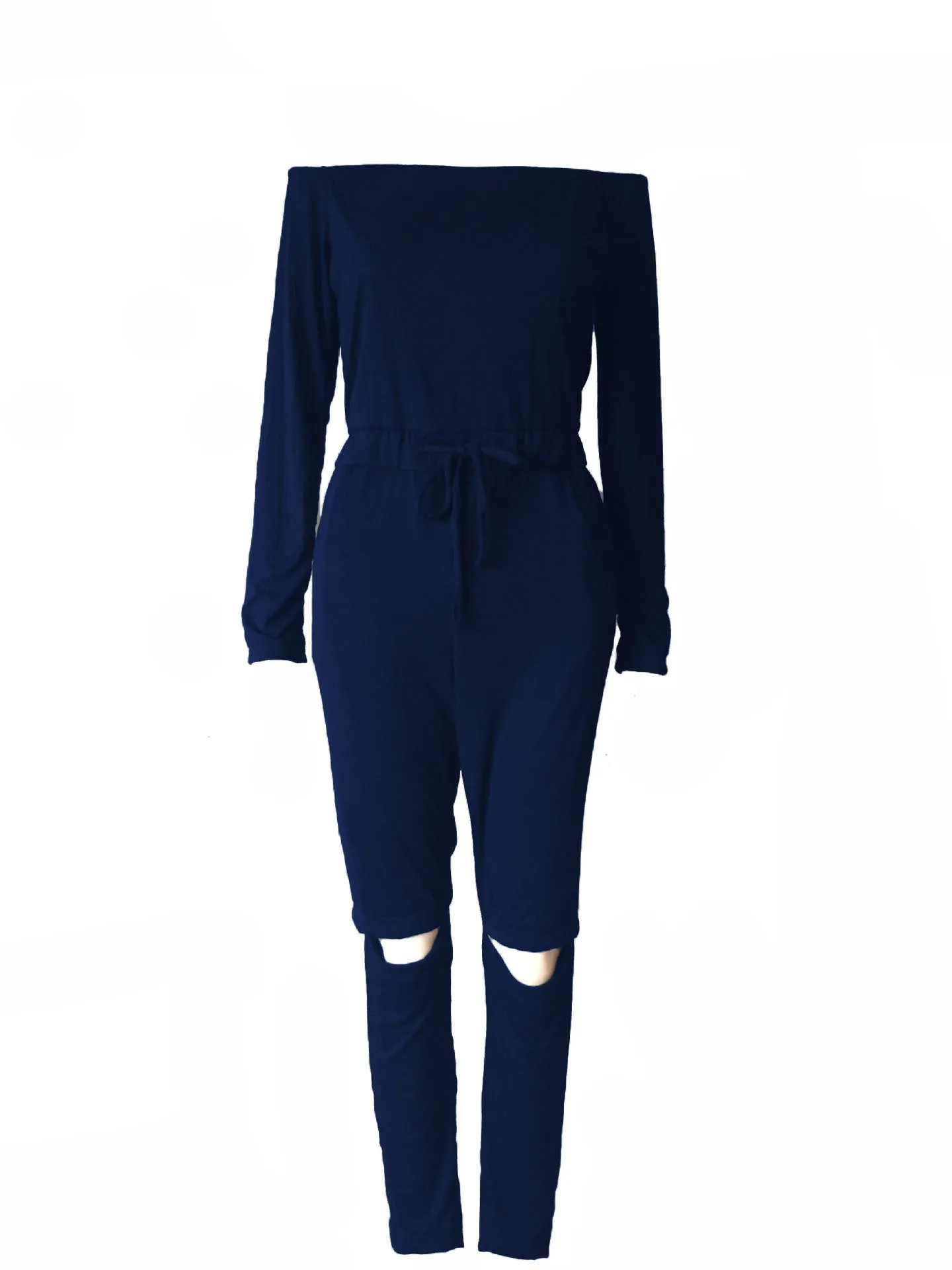 One Line Collar Oblique Shoulder Jumpsuit-Ripped Leggings