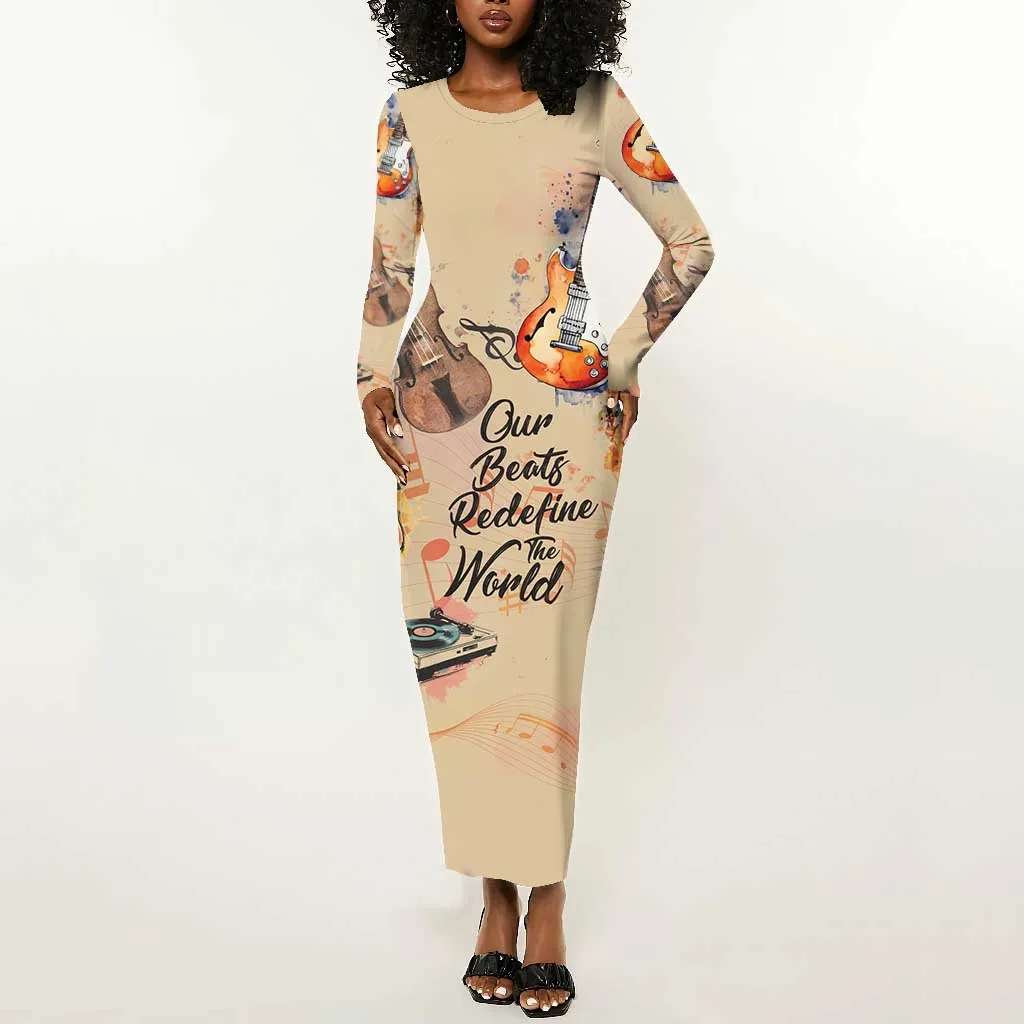 Our Beats Redefine The World African Long Sleeve Bodycon Dress Afro Music DT03