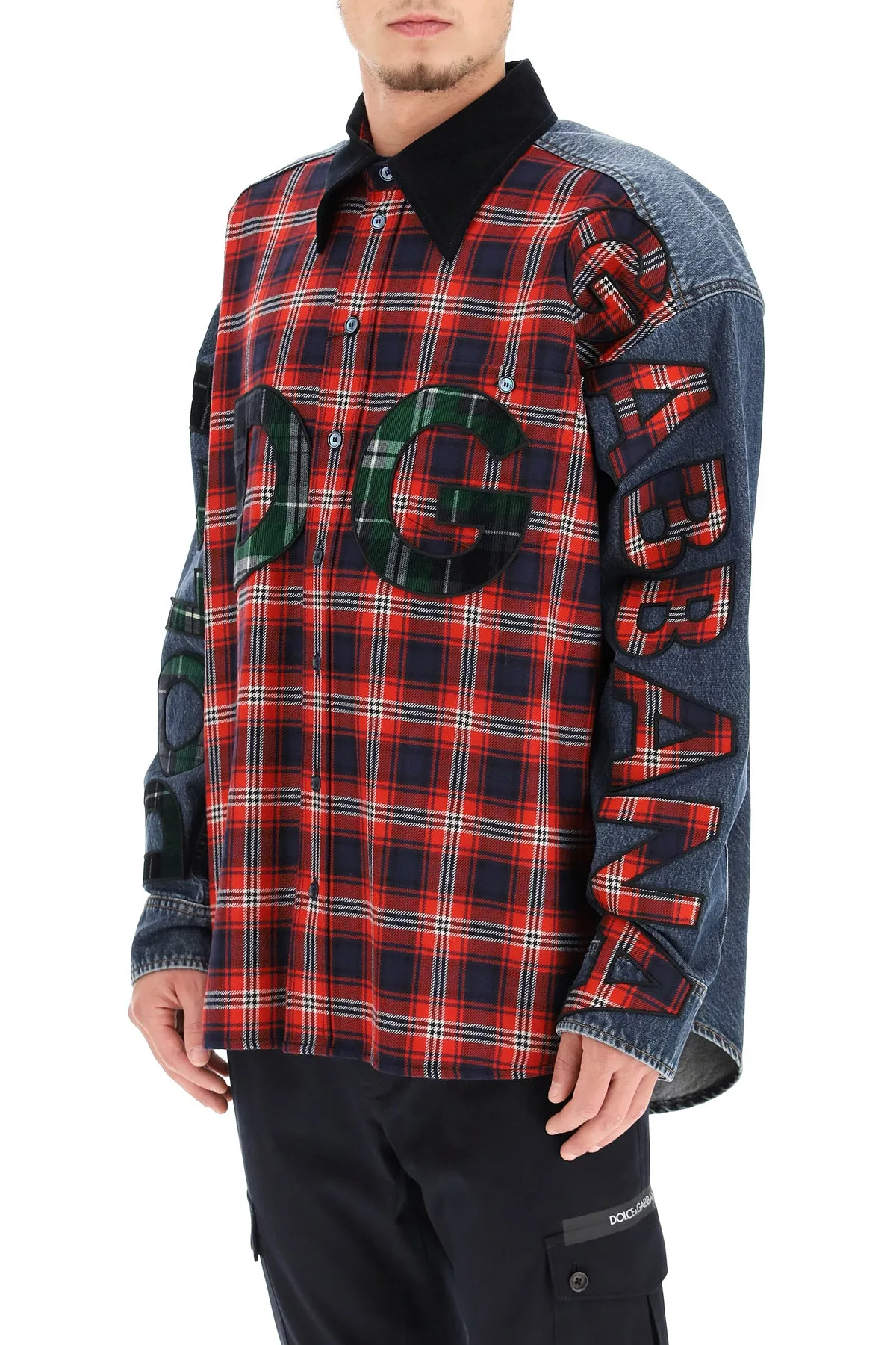 oversized denim and flannel shirt with logo