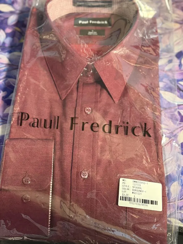 Paul Fredrick Non-Iron Cotton Solid Dress Shirt with Contrast Trim Burgandy Slim Fit Large