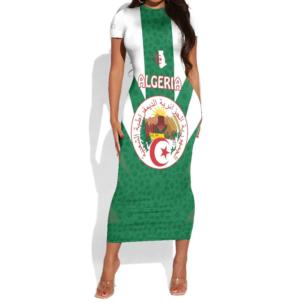 Personalised Afro Algeria Short Sleeve Bodycon Dress Coat Of Arms With Islamic Pattern LT15