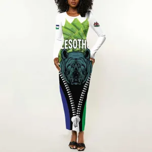 Personalised Afro Lesotho Long Sleeve Bodycon Dress Black Rhinoceros Aloe Polyphylla LT15