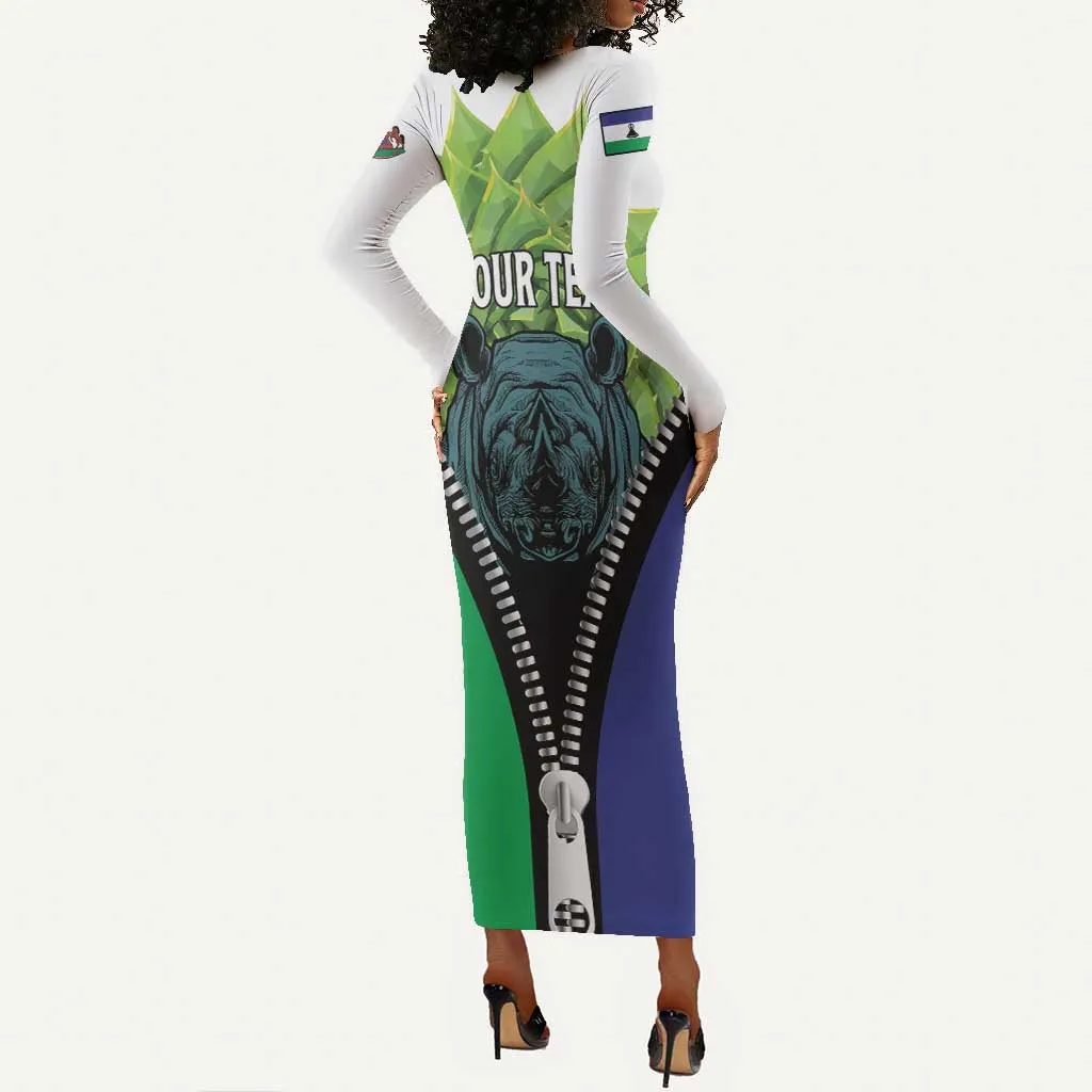 Personalised Afro Lesotho Long Sleeve Bodycon Dress Black Rhinoceros Aloe Polyphylla LT15