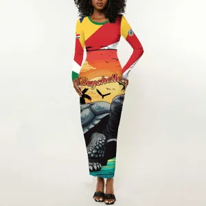 Personalised Afro Seychelles Long Sleeve Bodycon Dress Aldabra Giant Tortoise With Beach Sunset LT15
