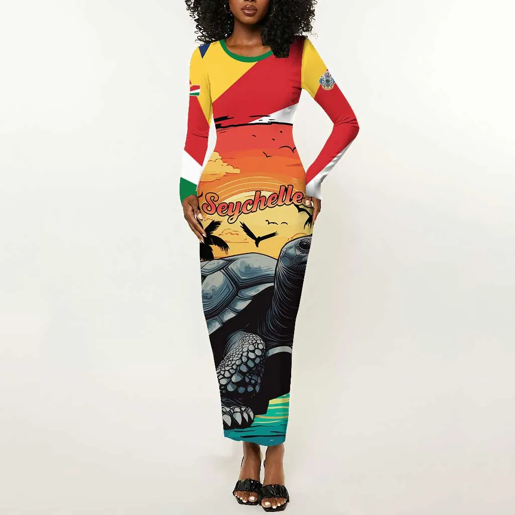 Personalised Afro Seychelles Long Sleeve Bodycon Dress Aldabra Giant Tortoise With Beach Sunset LT15