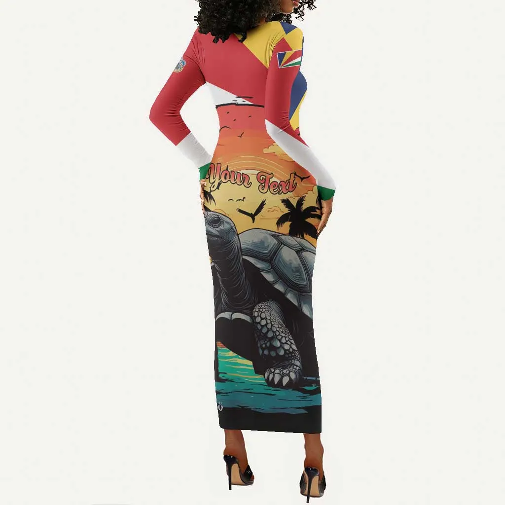Personalised Afro Seychelles Long Sleeve Bodycon Dress Aldabra Giant Tortoise With Beach Sunset LT15