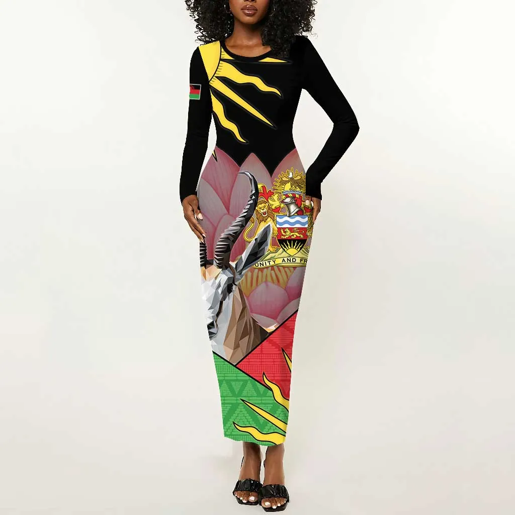 Personalized Africa Malawi Long Sleeve Bodycon Dress Thomsons Gazelle With Lotus LT15