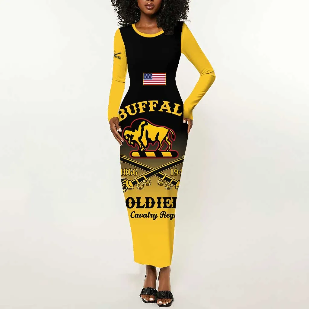 Personalized Afro-Americans Buffalo Soldiers Long Sleeve Bodycon Dress 10th Cavalry Regiment LT15