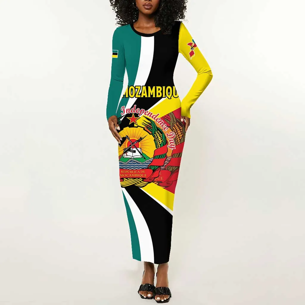 Personalized Mozambique Independence Day Long Sleeve Bodycon Dress Coat Of Arms - Flag Style LT15