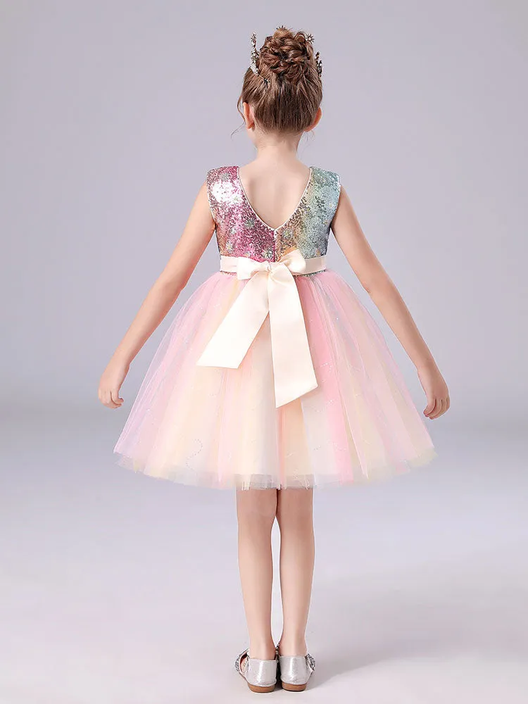 Pink Jewel Neck Polyester Sleeveless Short A-Line Tulle Sequins Kids Party Dresses