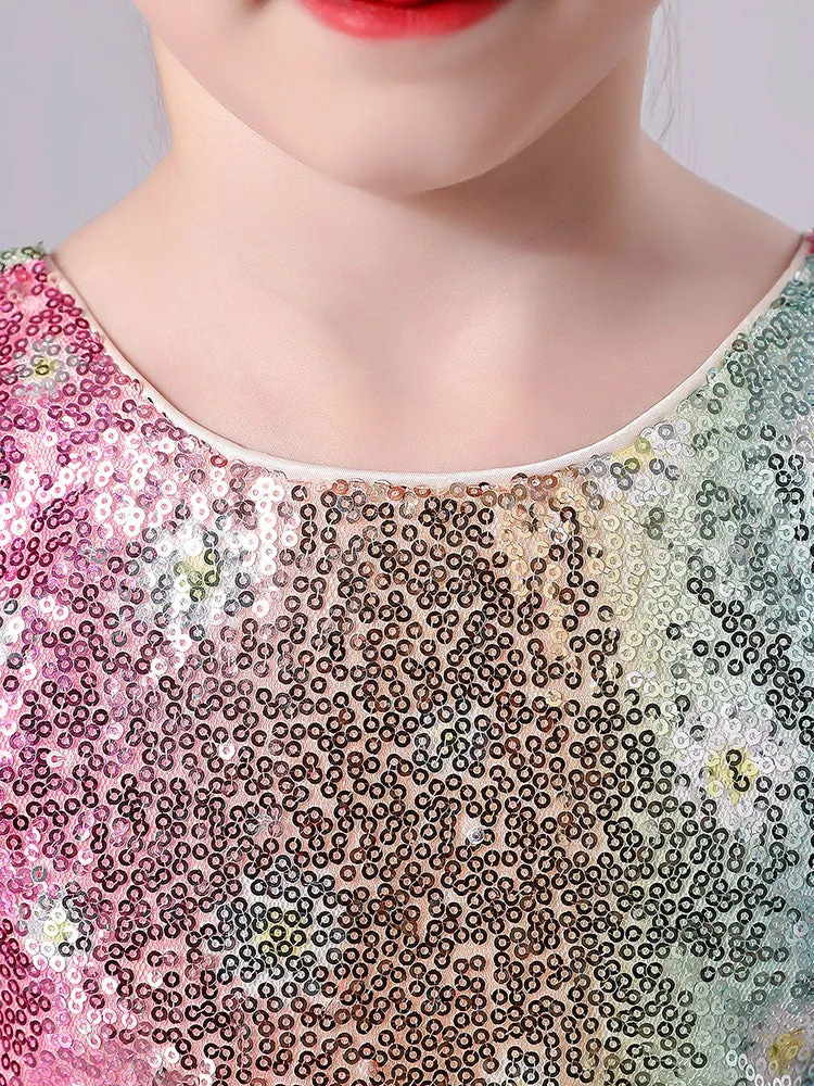 Pink Jewel Neck Polyester Sleeveless Short A-Line Tulle Sequins Kids Party Dresses