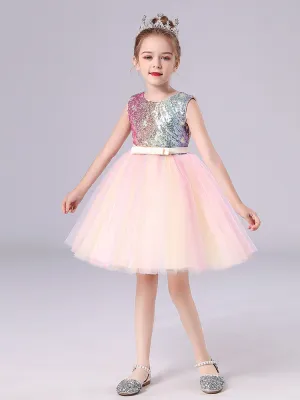 Pink Jewel Neck Polyester Sleeveless Short A-Line Tulle Sequins Kids Party Dresses
