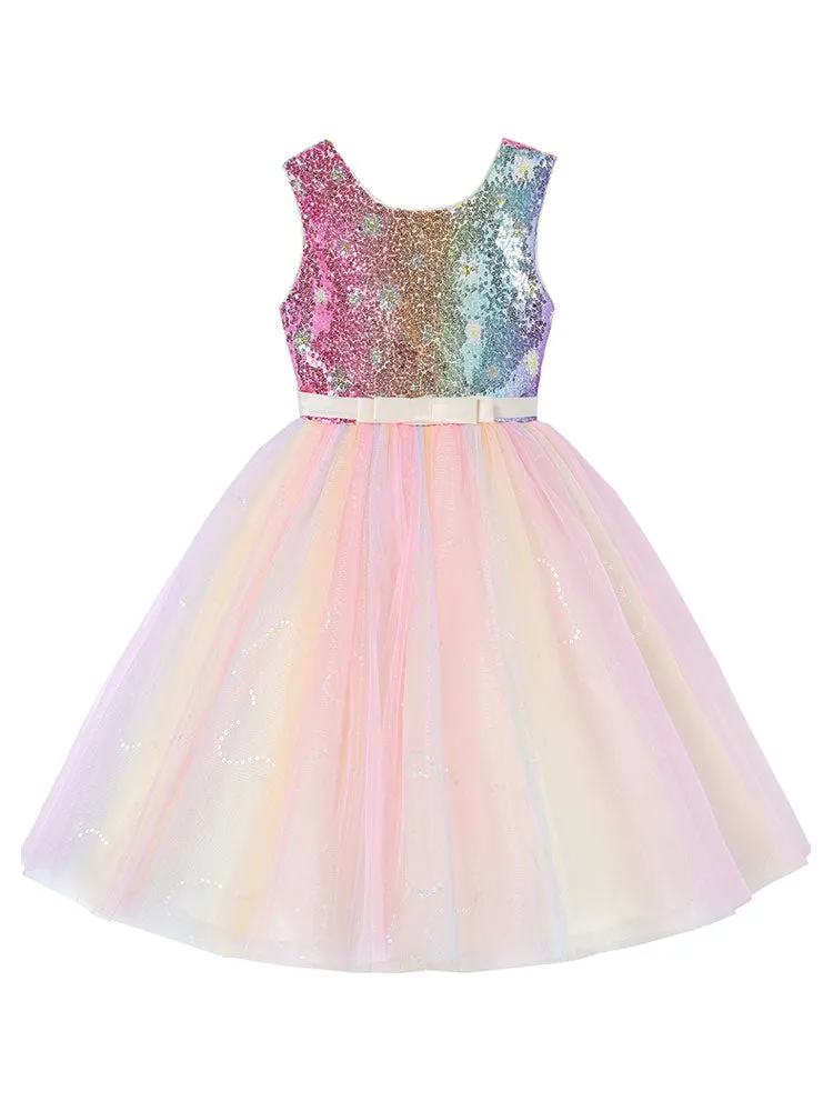 Pink Jewel Neck Polyester Sleeveless Short A-Line Tulle Sequins Kids Party Dresses