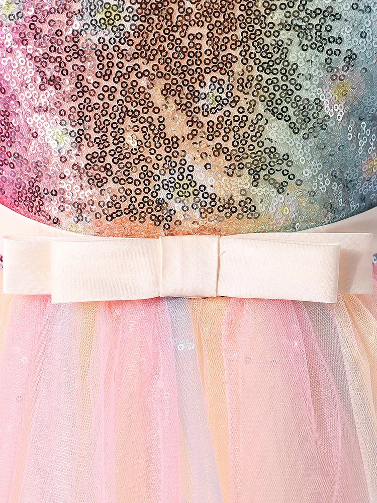 Pink Jewel Neck Polyester Sleeveless Short A-Line Tulle Sequins Kids Party Dresses
