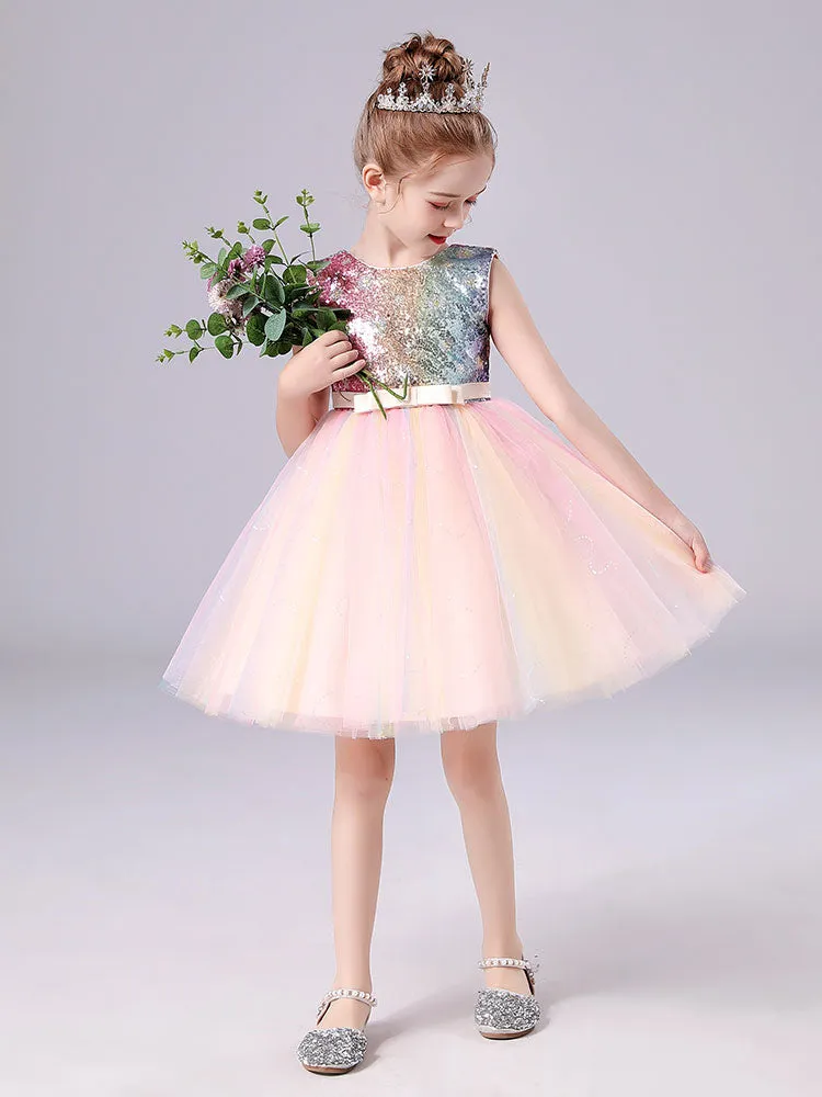 Pink Jewel Neck Polyester Sleeveless Short A-Line Tulle Sequins Kids Party Dresses