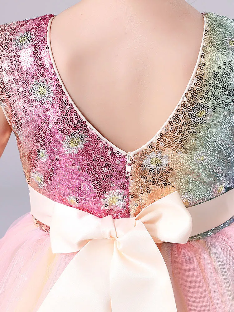 Pink Jewel Neck Polyester Sleeveless Short A-Line Tulle Sequins Kids Party Dresses
