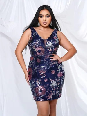Plus Size V-Neck Sequin Floral Mini Dress PXH2301S