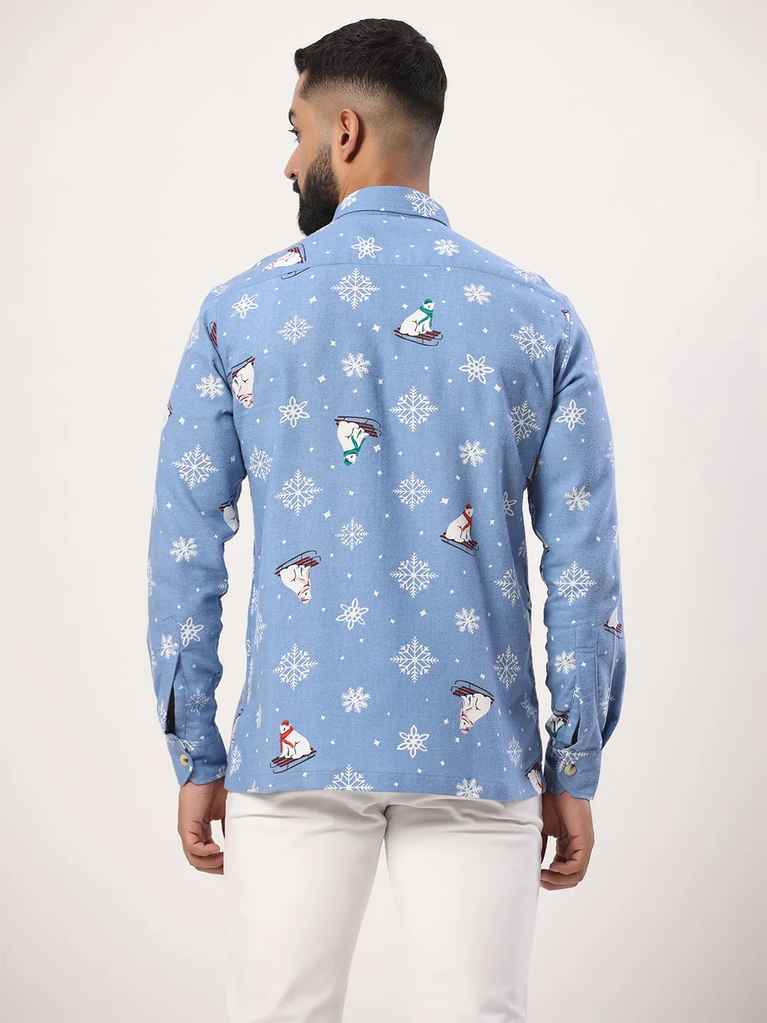 Powder Blue Snowflakes Full Sleeves Flannel Printed Shirt