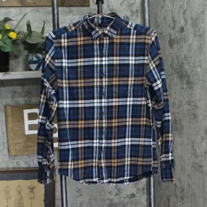 Primark Mens Regular Fit Cotton Button Up Flannel Shirt Blue Orange Plaid XS