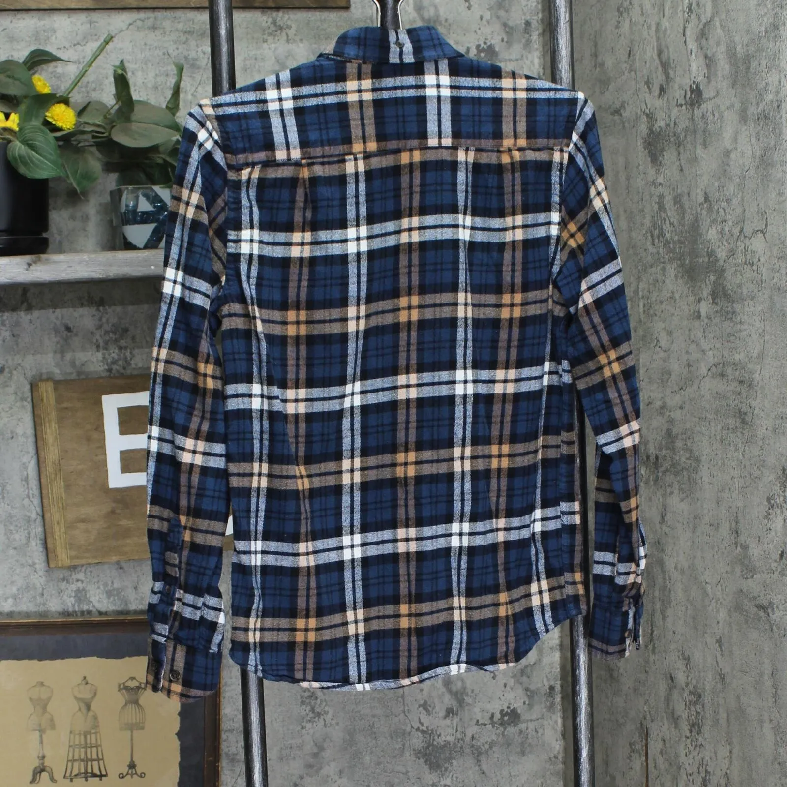 Primark Mens Regular Fit Cotton Button Up Flannel Shirt Blue Orange Plaid XS