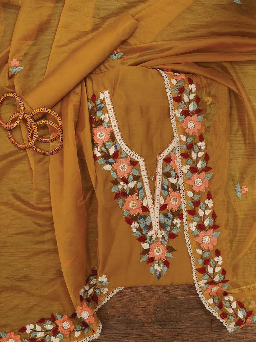 Pure Silk Mustard Lucknowi Embroidered Dress Material with Dupatta