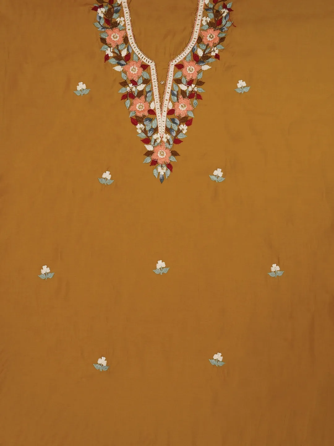 Pure Silk Mustard Lucknowi Embroidered Dress Material with Dupatta
