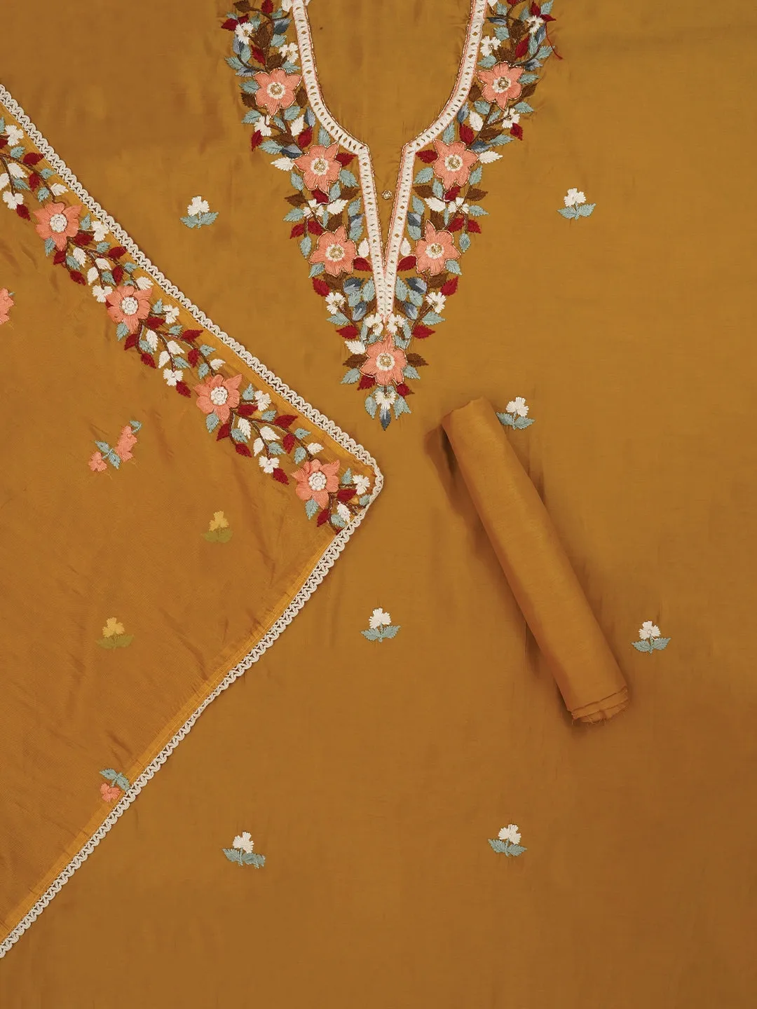 Pure Silk Mustard Lucknowi Embroidered Dress Material with Dupatta