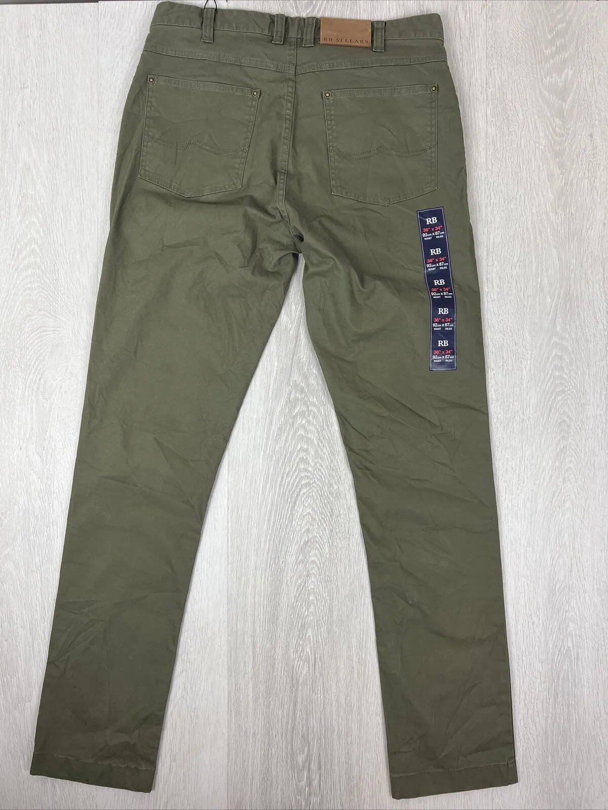 RB Sellars Mens Moulamein Mens Olive Slim Fit Trouser Chinos Size 36 x 34 (New)