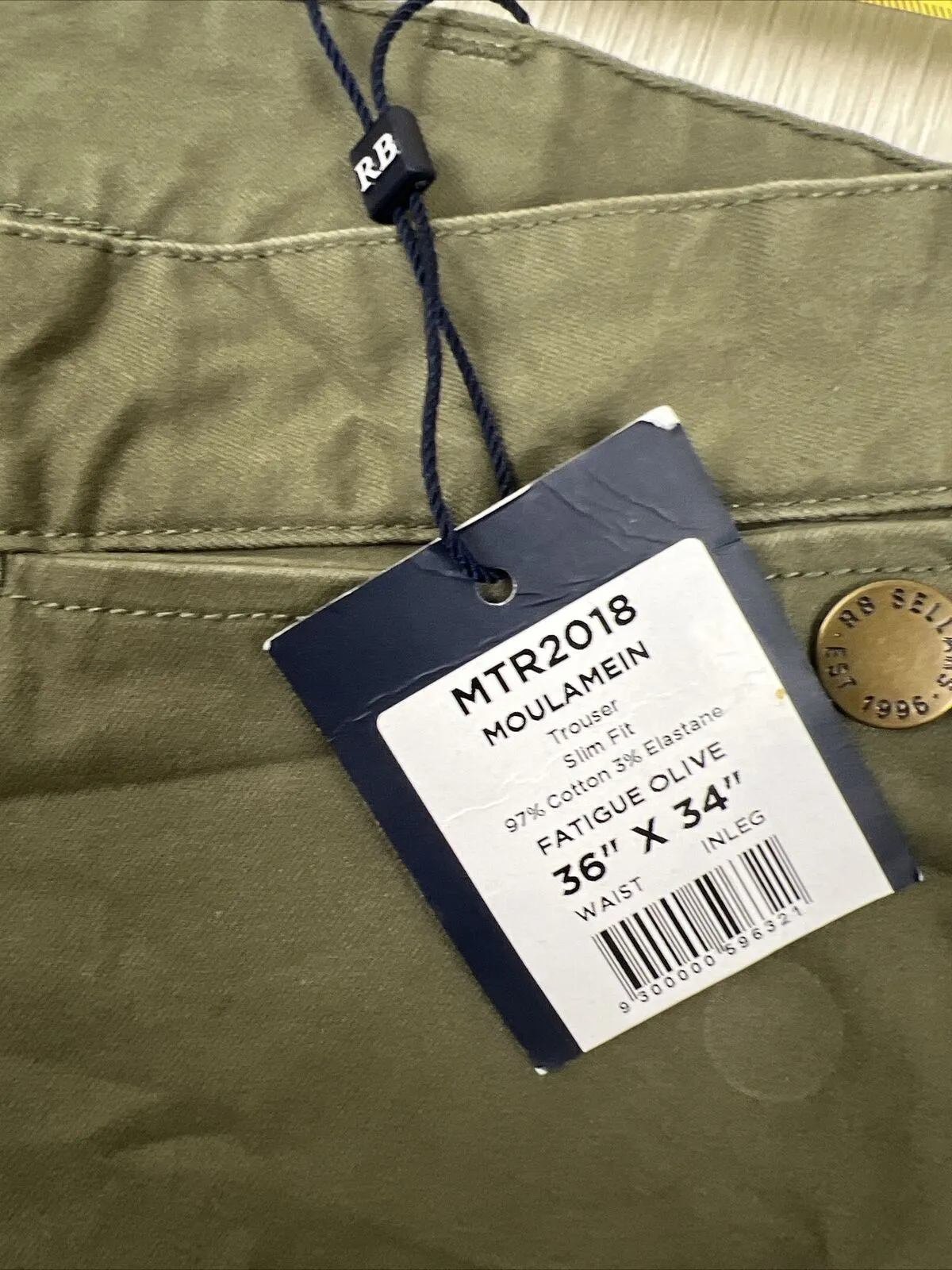 RB Sellars Mens Moulamein Mens Olive Slim Fit Trouser Chinos Size 36 x 34 (New)