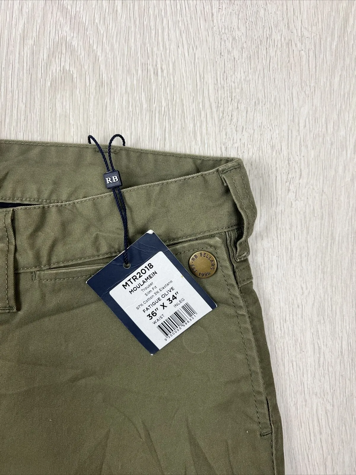 RB Sellars Mens Moulamein Mens Olive Slim Fit Trouser Chinos Size 36 x 34 (New)