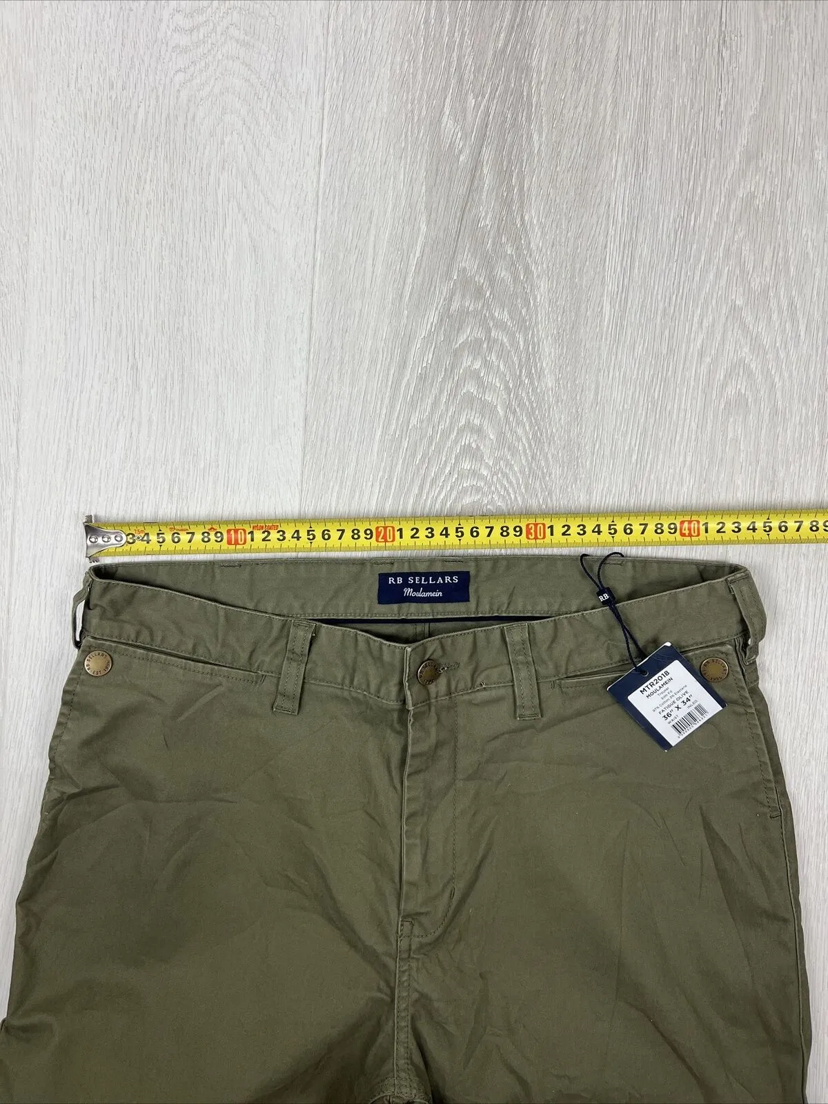 RB Sellars Mens Moulamein Mens Olive Slim Fit Trouser Chinos Size 36 x 34 (New)